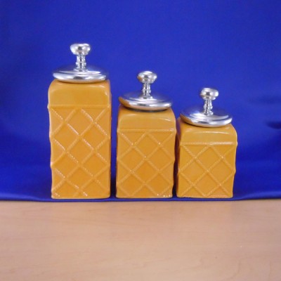 60002YL-PKNOB-SIL CERAMIC CANISTER SET ROPE YELLOW W/ PLAIN KNOB SILVER LIDS